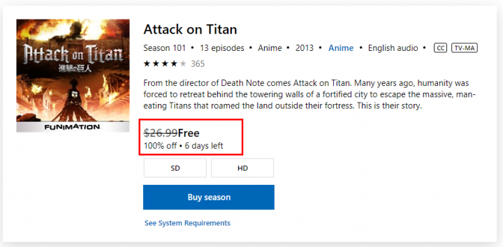 [Microsoft Store] Attack on Titan Season 101 for FREE