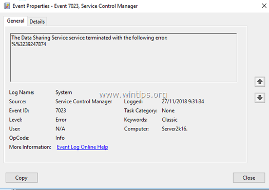 FIX: Data Sharing Service service terminated with error %%3239247874 in Server 2016. (Solved)