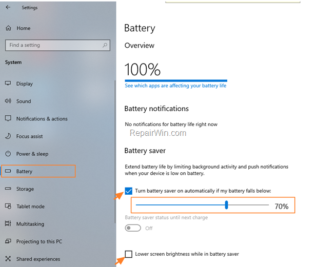 turn on battery saver Windows 10