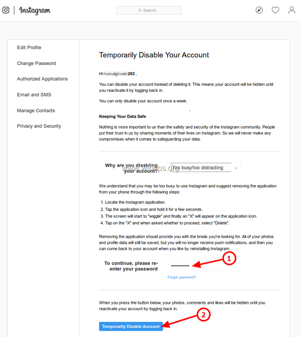 how to temporarily disable instagram