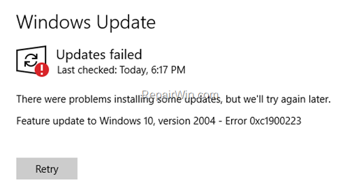FIX: Feature Update to Windows 10, version 2004 - Error 0xc1900223