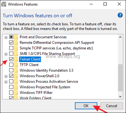 Windows Features - Turn On Telnet Client
