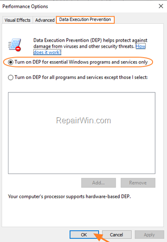 Turn On DEP for Essentials for Essentials Windows programs 