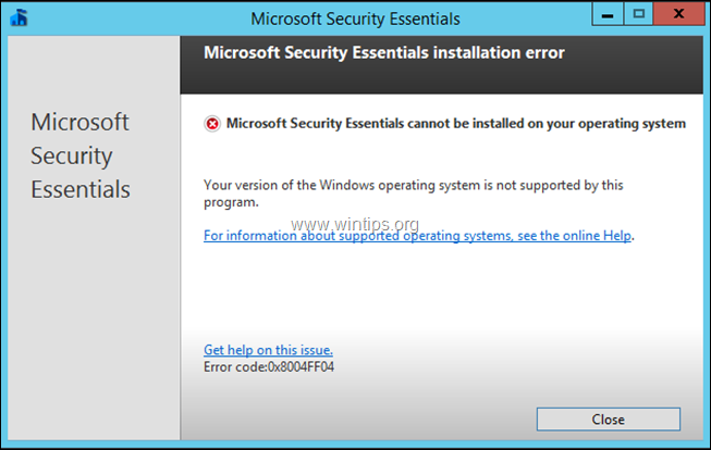 Security Essentials uninstall error 0x8004FF04