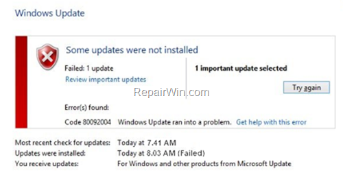 FIX Windows Update Error Code 0x80092004
