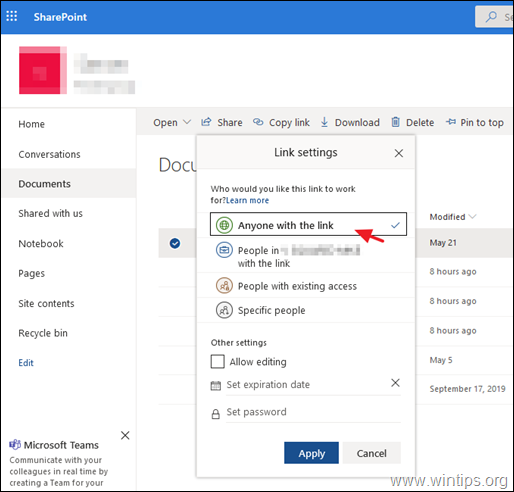 Enable Anyone with the link SharePoint Online