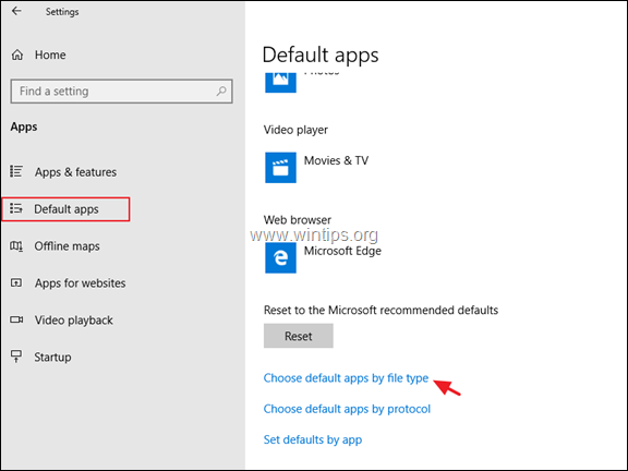 Specify default apps by file type Windows 10