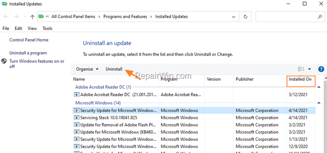 Uninstall Update Windows