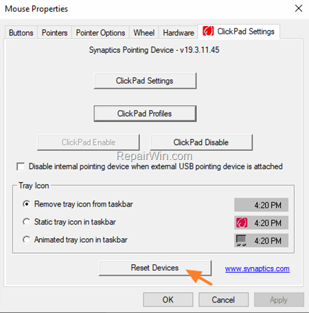 reset touchpad settings windows 10
