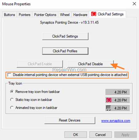 Disable Touchpad from Mouse settings Windows 10