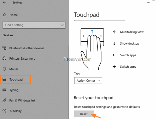 reset touchpad windows 10