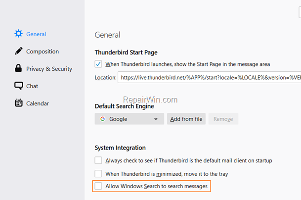 Disable Windows Search in Thunderbird Messages