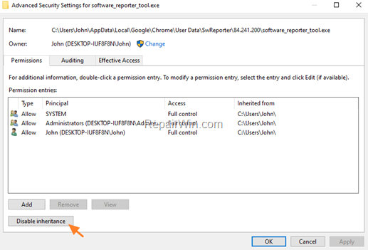 change permissions of software_reporter_tool.exe
