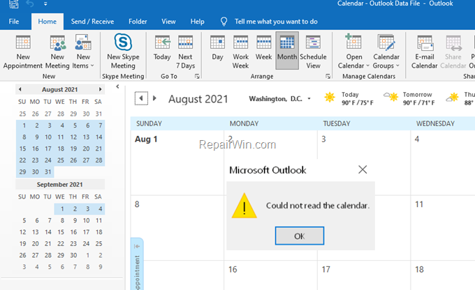 fix Could not read calendar in Outlook 