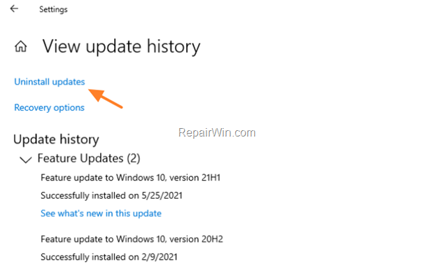 Uninstall Updates Windows 10