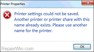 Printer settings could not be saved - Printer share name already exists