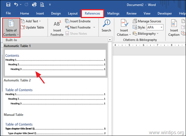 Add automatic table of contents in Word