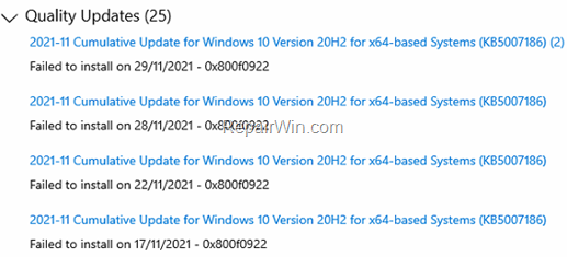 FIX: Error 0x800f0922 in KB5007186 Windows 10 Update