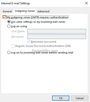 My Outgoing server (SMTP) requires authentication 