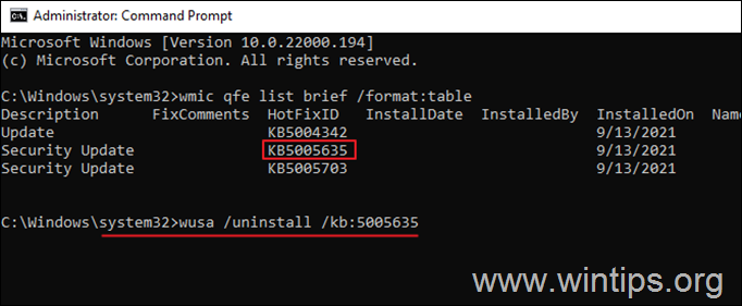How to uninstall Windows Updates from Command Prompt