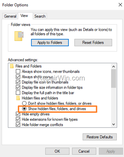 Show hidden files and folders