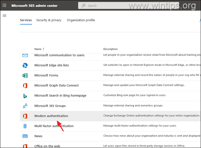 enable modern authentication office 365 admin center