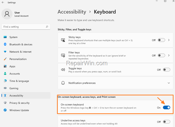 How to enable and open the On-Screen keyboard