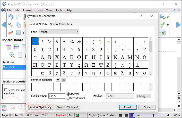 atlantis word processor insert symbols