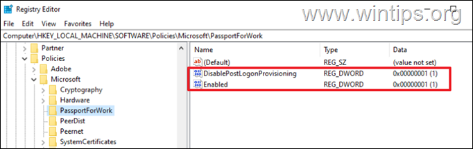 disable windows hello provisioning registry