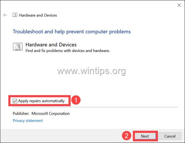 Hardware and Devices troubleshooter