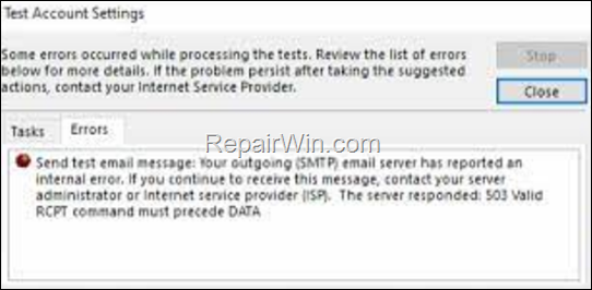 Server Responded: 503 Valid RCPT command must precede DATA in Outlook