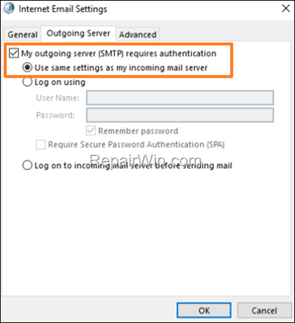 outgoing server requires authentication