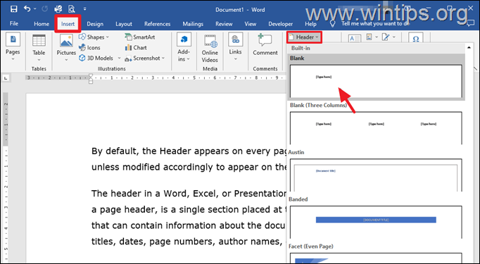 insert header on first page only in word