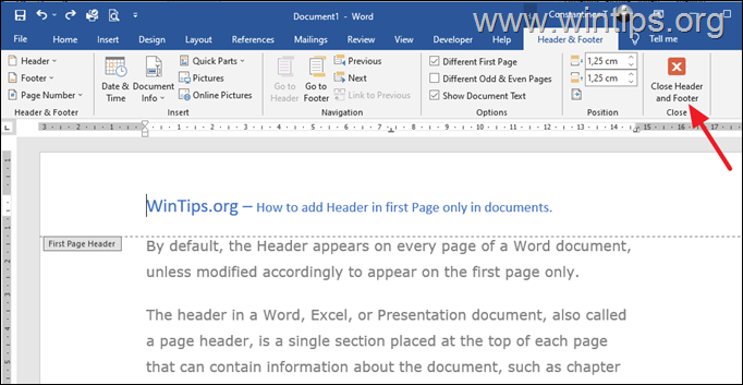 insert different header on first page in word