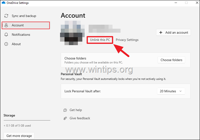 Unlink this PC - Account from OneDrive