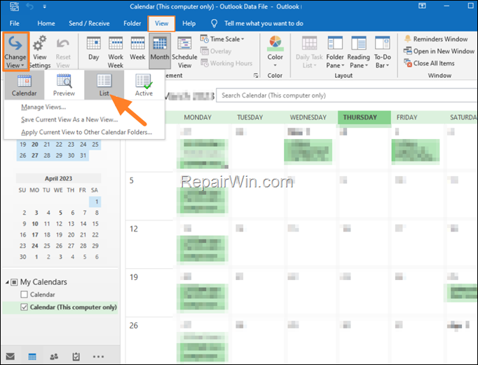 Move all Outlook Calendar items to another folder