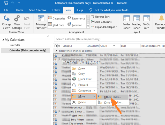 Copy Move all Outlook CalendarEvents to another folder