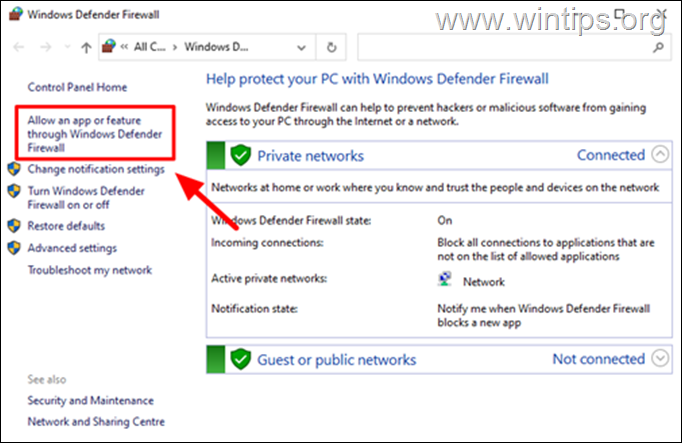 llow and app or feature through Windows Defender Firewall