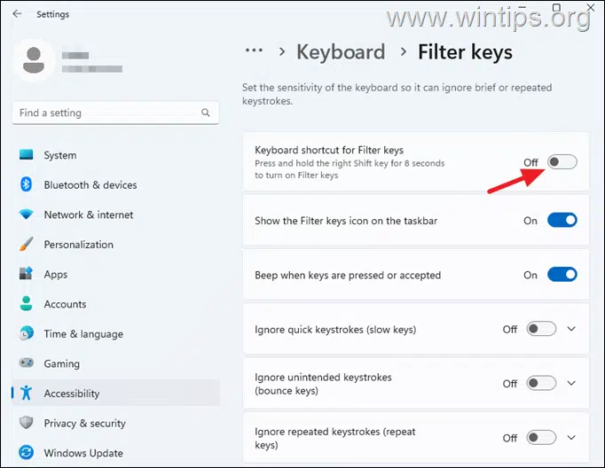 Disable Filter keys feature