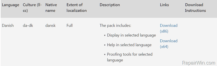 Download Office 2016 Language Packs