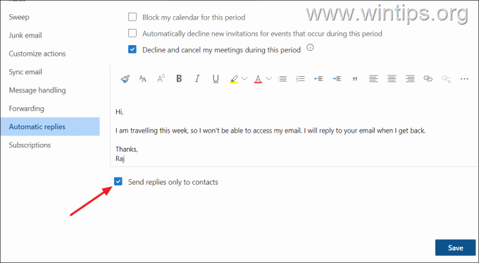 Send Out-Of-Office Replies in Outlook in Web.