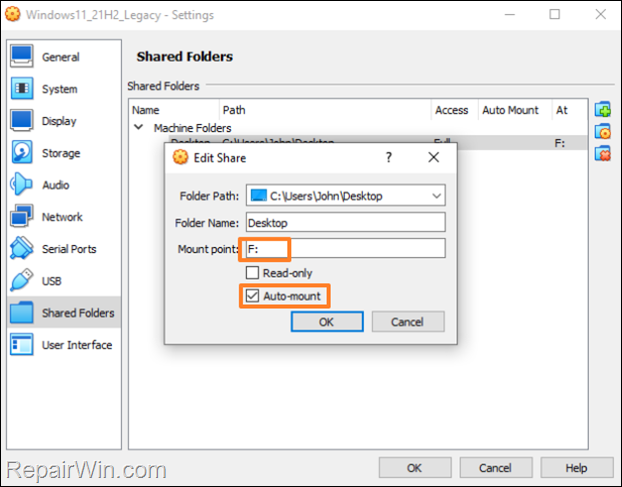 Map a Host folder in virtualbox