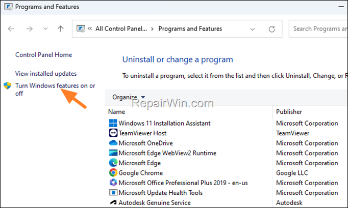turn windows features on-off